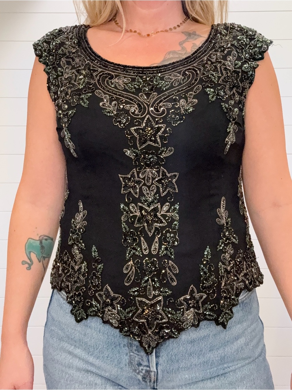 Vintage J Kara Black Beaded Embroidered Cap-Sleeve Camisole